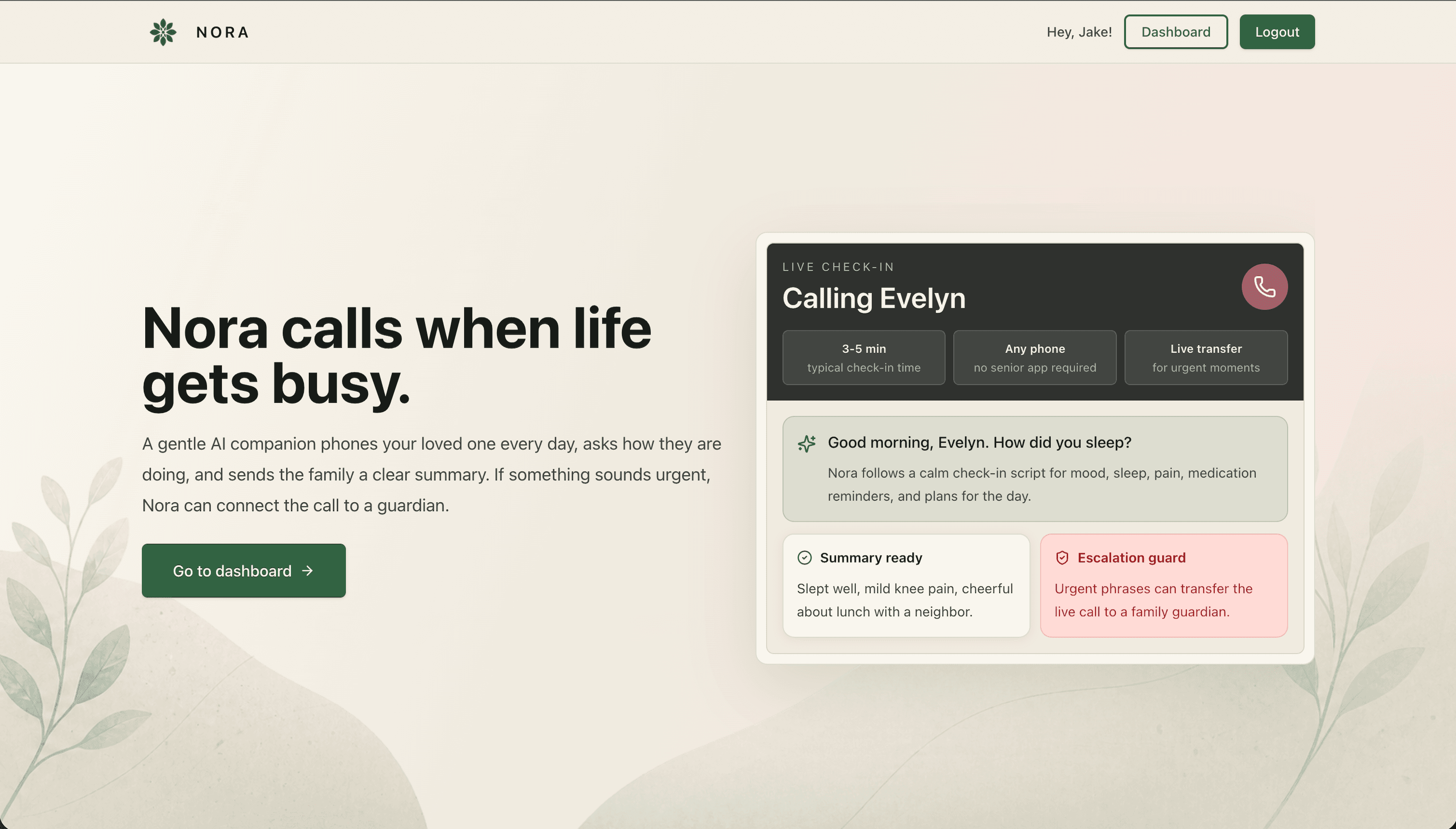 Nora landing page